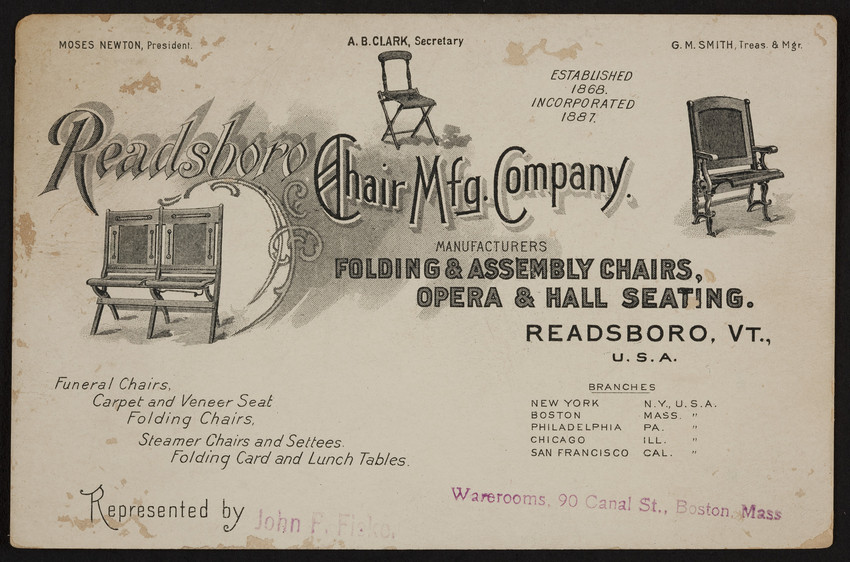 Trade Card For The Readsboro Chair Mfg Company Readsboro