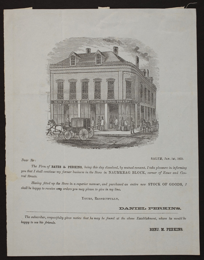 Handbill For Perkins Draper And Tailor Naumkeag Block Corner Of Essex And Central Streets Salem Mass January 1 1853 Historic New England