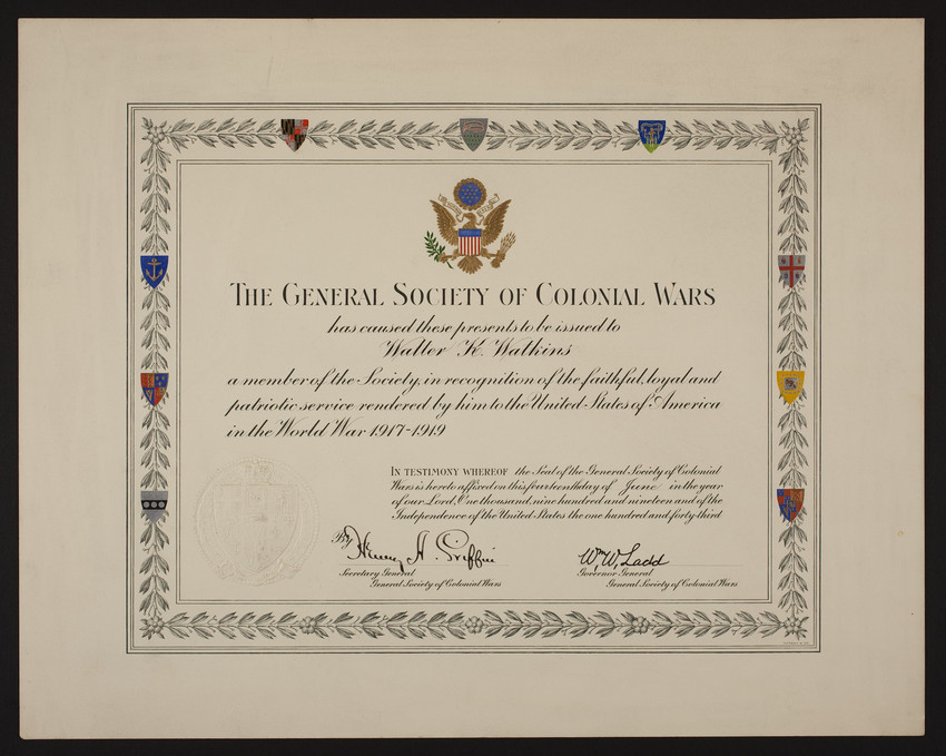 General Society of Colonial Wars membership certificate | Historic New ...