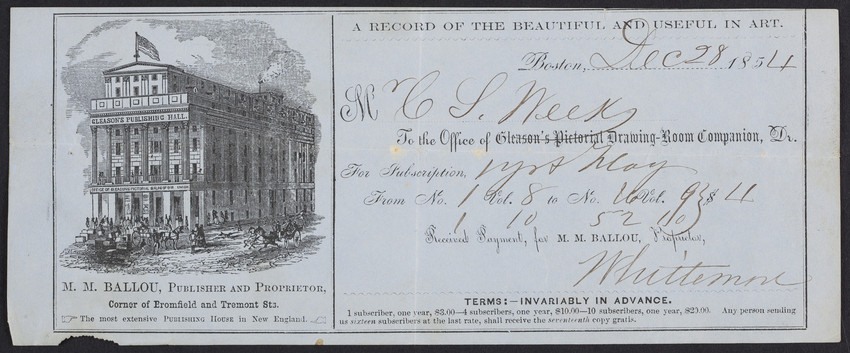 Receipt for Gleason's pictorial drawing-room companion, . Ballou,  publisher and proprietor, corner of Bromfield and Tremont Streets, Boston,  Mass., dated December 28, 1854 | Historic New England