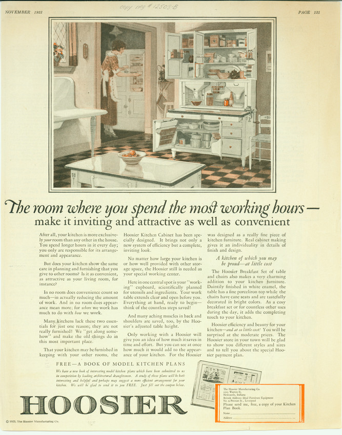 Advertisement For Hoosier Manufacturing Co Kitchen Furnishings